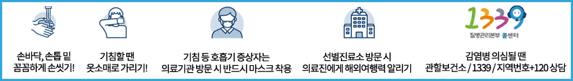 코로나19 위기 1.손바닥, 손톱 밑을 비누로 꼼꼼히 손씻기 2.기침할땐 옷소매로 가리기 3.기침등호흡기증상자는 의료기관 방문시 반드시 마스크 착용 4.선별진료소 방문시 의료진에게 해외여행력 알리기 5. 감염병 의심될땐 관할보건소/1339/지역번호 +120 상담 