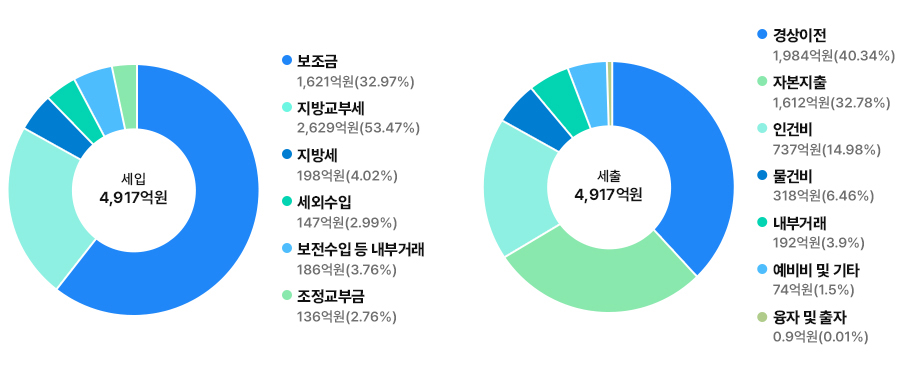 
일반회계 세입 : 4,917억원
보조금 - 1,621억원(32.97%), 지방교부세 - 2,629억원(53.47%), 지방세 - 198억원(4.02%), 세외수입 - 147억원(2.99%), 보전수입 등 내부거래 - 186억원(3.76%), 조정교부금 - 136억원(2.76%)
세출 : 4,917억원
경상이전 - 1,984억원(40.34%), 자본지출 - 1,612억원(32,78%), 인건비 - 737억원(14.98%), 물건비 - 318억원(6.46%), 내부거래 - 192억원(3.9%), 예비비 및 기타 - 74억원(1.5%), 융자 및 출자 - 0.9억원(0.01%)