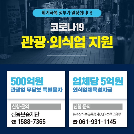 코로나19 관련 소상공인·중소기업·관광·외식업·수출기업 지원 신청 및 문의 연락처 안내 이미지