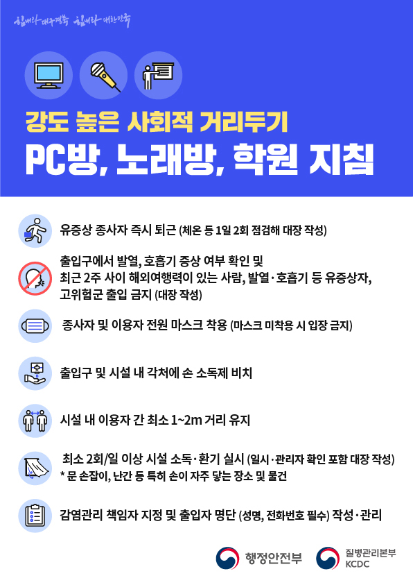 [이미지] 강도 높은 사회적 거리두기 - PC방, 노래방, 학원 지침 이미지