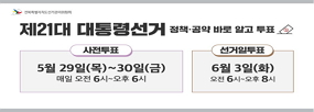 전북특별자치도선거관리위원회
제21대 대통령선거 정책.공약 바로 알고 투표
사전투표
5월29일(목)~30일(금)
매일 오전6시~오후6시
선거일투표
6월3일(화)
오전6시~오후8시
