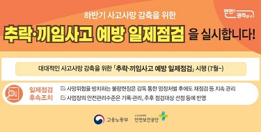 하반기 사고사망 감축을 위한추락.끼임사고 예방 일제점검을 실시합니다.대대적인 사고사망 감축을 위한 추락.끼임사고 예방 일제점검시행(7월~)일제점검후속조치- 사망위협을 방치하는 불량현장은 감독 통한 엄청처벌 후에 재점검 등 지속 관리- 사업장의 안전관리수준은 기록.관리, 추후 점검대상 선정 등에 반영고용노동부, 안전보건공단