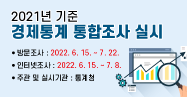 2021년 기준 경제통계 통합조사 실시- 방문조사 2022. 6. 15. ~ 7. 22. - 인터넷조사 2022. 6. 15. ~ 7. 8.- 주관 및 실시기관 : 통계청
