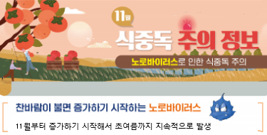 식중독 주의 정보
노로바이러스로 인한 식중독 주의
찬바람이 불면 증가하기 시작하는 누로바이러스
11월부터 증가하기 시작해서 초여름까지 지속적으로 발생