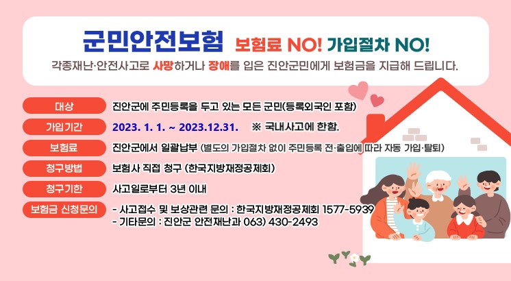 군민안전보험 보험료 NO! 가입절차 NO!
각종재난·안전사고로 사망하거나 장애를 입은 진안군민에게 보험금을 지급해 드립니다.
대상:진안군에 주민등록을 두고 있는 모든 군민(등록외국인 포함)
가입기간:2023.1.1.~2023.12.31. ※ 국내사고에 한함.
보험료:진안군에서 일괄납부 (별도의 가입절차 없이 주민등록 전·출입에 따라 자동 가입·탈퇴)
청구방법:보험사 직접 청구 (한국지방재정공제회)
청구기한사고일로부터 3년 이내
보험금 신청문의:
- 사고접수 및 보상관련 문의 : 한국지방재정공제회 1577-5939
- 기타문의 : 진안군 안전재난과 063) 430-2493
