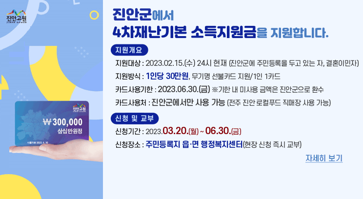 진안군에서 4차재난기본 소득지원금을 지원합니다.
지원개요
지원대상 : 2023.02.15.(수) 24시 현재 (진안군에 주민등록을 두고 있는 자, 결혼이민자)
지원방식 : 1인당 30만원, 무기명 선불카드 지원/1인 1카드
카드사용기한 : 2023.06.30.(금)※기한 내 미사용 금액은 진안군으로 환수
카드사용처 : 진안군에서만 사용 가능 (전주 진안 로컬푸드 직매장 사용 가능)
신청 및 교부
신청기간 : 2023.03.20.(월) ~ 06.30.(금)
신청장소 : 주민등록지 읍·면 행정복지센터(현장 신청 즉시 교부)
자세히 보기