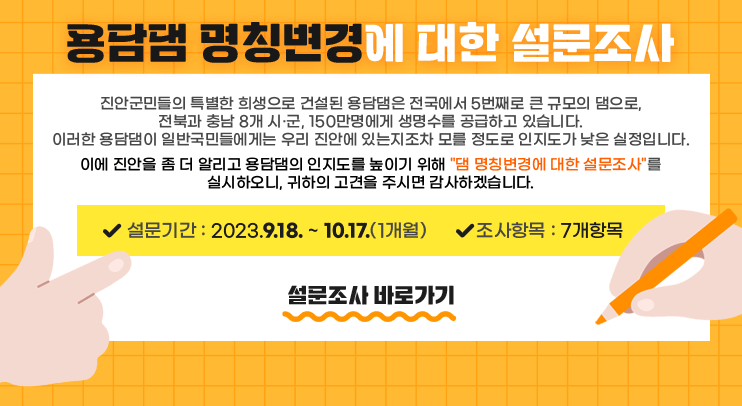 용담댐 명칭변경에 대한 설문조사
진안군민들의 특별한 희생으로 건설된 용담댐은 전국에서 5번째로 큰 규모의 댐으로,
전북과 충남 8개 시·군, 150만명에게 생명수를 공급하고 있습니다.
이러한 용담댐이 일반국민들에게는 우리 진안에 있는지조차 모를 정도로
인지도가 낮은 실정입니다.
이에 진안을 좀 더 알리고 용담댐의 인지도를 높이기 위해 댐 명칭변경에 대한 설문조사를
실시하오니, 귀하의 고견을 주시면 감사하겠습니다.
ㅇ설문기간 : 2023.9.18. ~ 10.17.(1개월)
ㅇ조사항목 : 7개항목
설문조사 바로가기