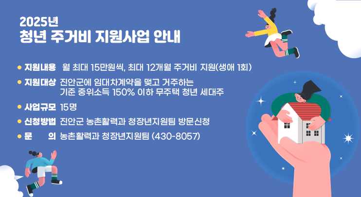 2025년 청년 주ㅇ 지원내용 : 월 최대 15만원씩, 최대 12개월 주거비 지원(생애 1회)

ㅇ 지원대상 : 진안군에 임대차계약을 맺고 거주하는 기준 중위소득 150% 이하 무주택 청년 세대주
ㅇ 사업규모 : 15명
ㅇ 신청방법 : 진안군 농촌활력과 청장년지원팀 방문신청
ㅇ 문     의 : 농촌활력과 청장년지원팀 (430-8057)거비 지원사업 안내