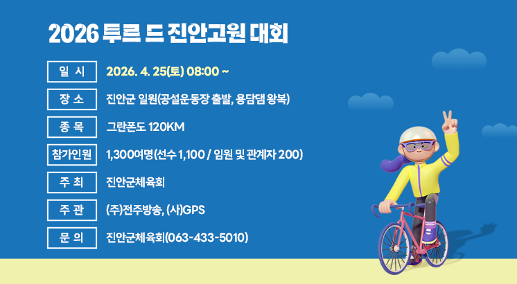 2026 투르 드 진안고원 대회 

○ 일    시 : 2026. 4. 25(토) 08:00 ~
○ 장     소 : 진안군 일원(공설운동장 출발, 용담댐 왕복)
○ 종     목 : 그란폰도 120km
○ 참가인원 : 1,300여명(선수 1,100 / 임원 및 관계자 200)
○ 주     최 : 진안군체육회
○ 주     관 : (주)전주방송, (사)GPS
○ 문      의 : 진안군체육회(063-433-5010)