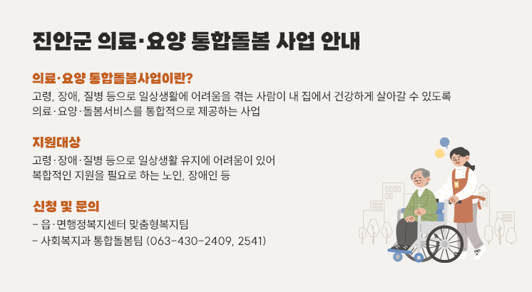 진안군 의료·요양 통합돌봄 사업 안내

 

ㅇ의료·요양 통합돌봄사업이란?

  => 고령, 장애, 질병 등으로 일상생활에 어려움을 겪는 사람이

      내 집에서 건강하게 살아갈 수 있도록 의료·요양·돌봄서비스를

      통합적으로 제공하는 사업

ㅇ지원대상 : 고령·장애·질병 등으로 일상생활 유지에 어려움이 있어

              복합적인 지원을 필요로 하는 노인, 장애인 등

ㅇ신청및문의

  - 읍·면행정복지센터 맞춤형복지팀

  - 사회복지과 통합돌봄팀 (063-430-2409, 2541)