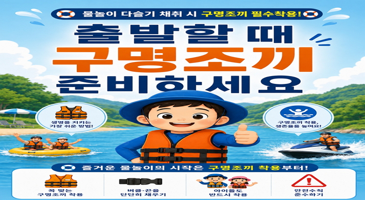 물놀이 다슬기 채취 시 구명조끼 필수착용
출발할때 구명조끼 준비하세요
생명을 지키는 가장 쉬운 방법
구명조끼 착용, 생존율을 높여요!
즐거운 물놀이의 시작은 구명조끼 착용부터!
꼭 맞는 구명조끼 착용
버클-끈을 단단히 채우기
아이들도 반드시 착용
안전수칙 준수하기